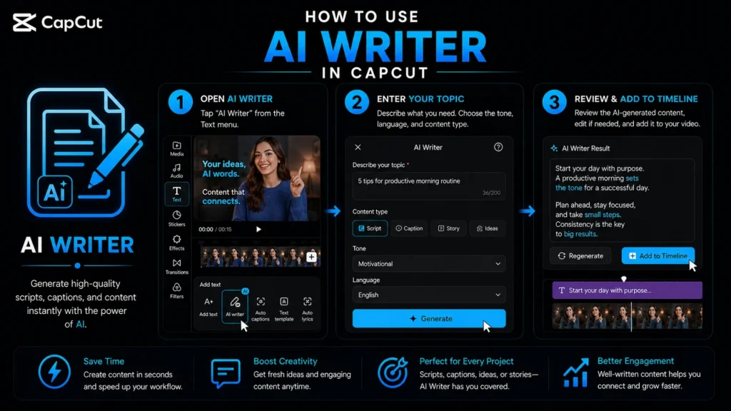 CapCut AI Writer tutorial showing how to create scripts, captions, video ideas, and stories using artificial intelligence.