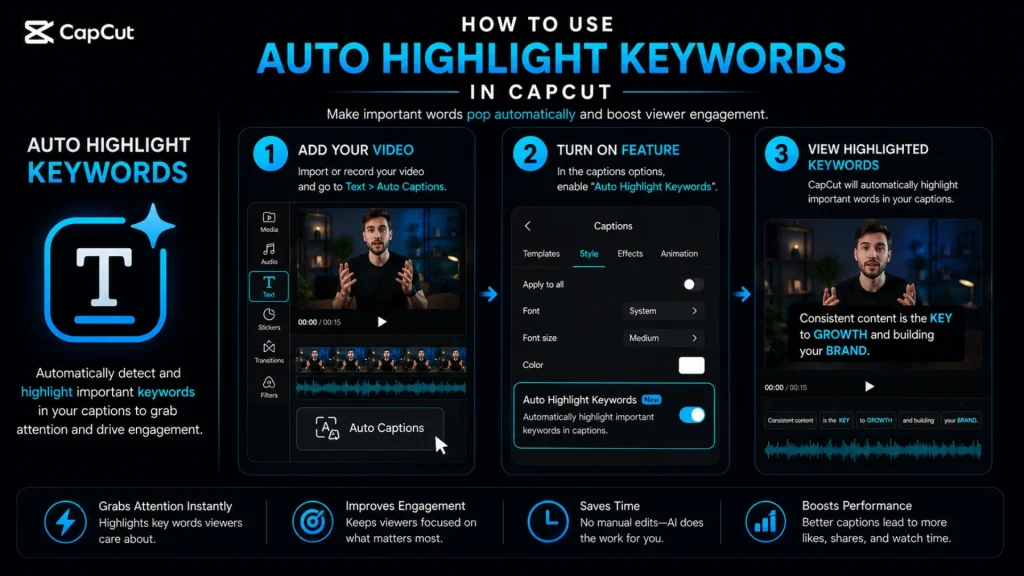 CapCut Auto Highlight Keywords tutorial showing how AI automatically emphasizes important words in captions to improve viewer engagement.