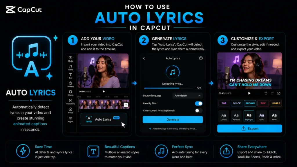 Step-by-step guide to creating synchronized animated lyrics in CapCut using the Auto Lyrics feature.
