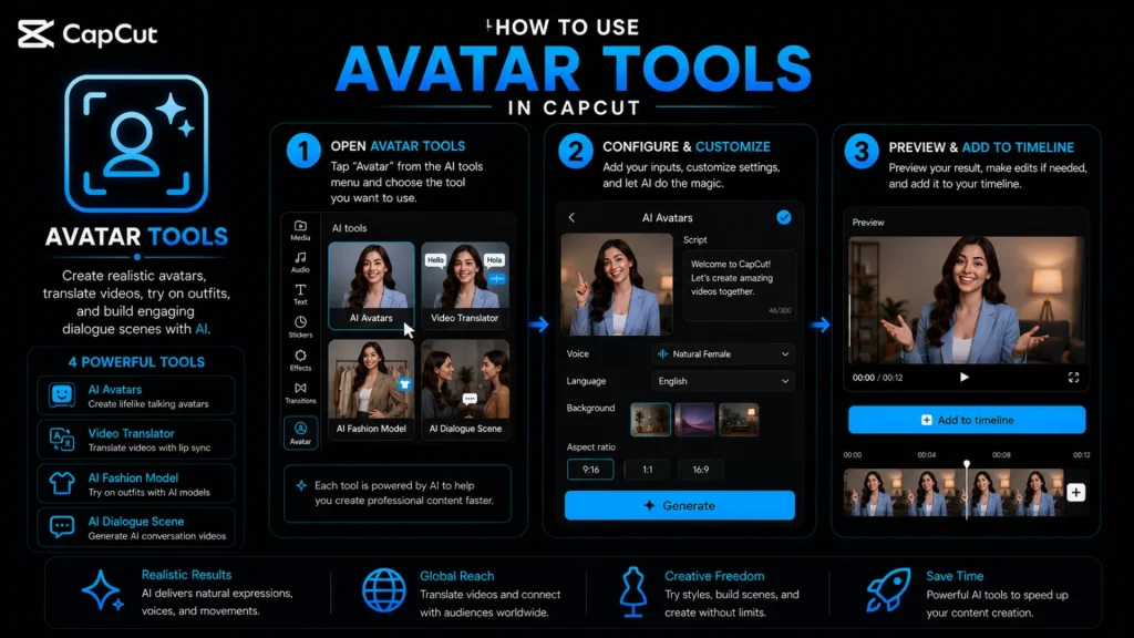 CapCut Avatar Tools tutorial explaining AI Avatars, Video Translator, AI Fashion Model, and AI Dialogue Scene features.