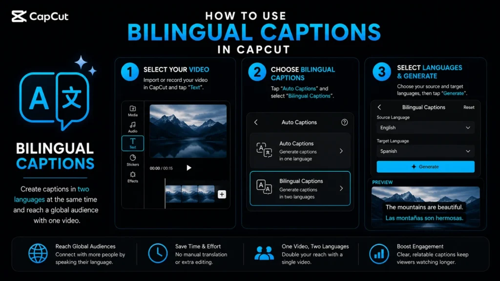 Step-by-step guide showing how to create bilingual captions in CapCut by generating subtitles in two languages simultaneously.