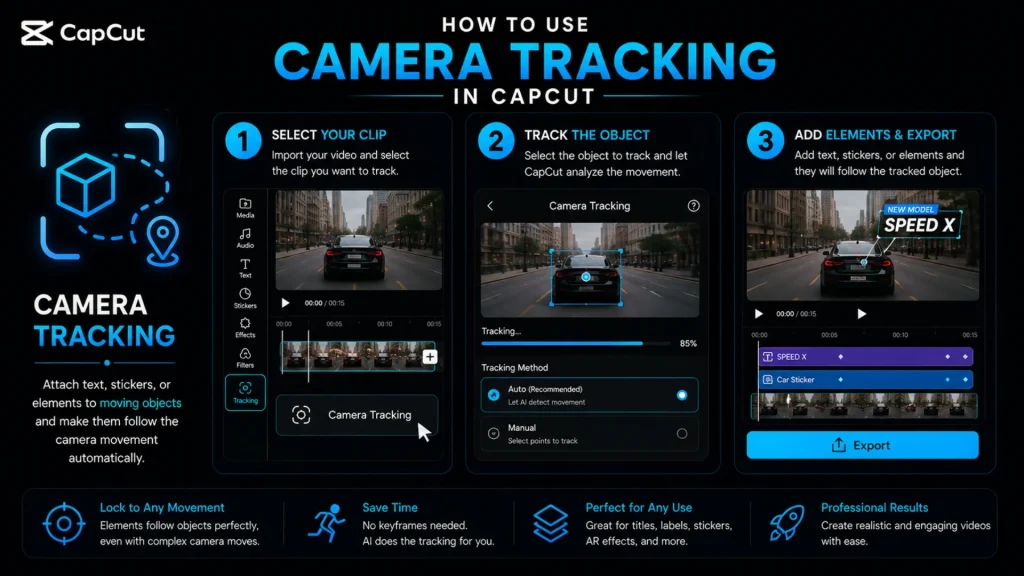 CapCut Camera Tracking tutorial demonstrating how AI tracks moving objects and attaches text, stickers, or effects automatically.