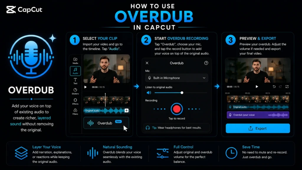 Step-by-step Overdub tutorial in CapCut explaining how to record voiceovers while preserving the original audio track.