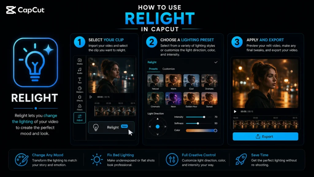 CapCut Relight tutorial demonstrating AI lighting adjustments, mood presets, and customizable light direction for professional-looking videos.