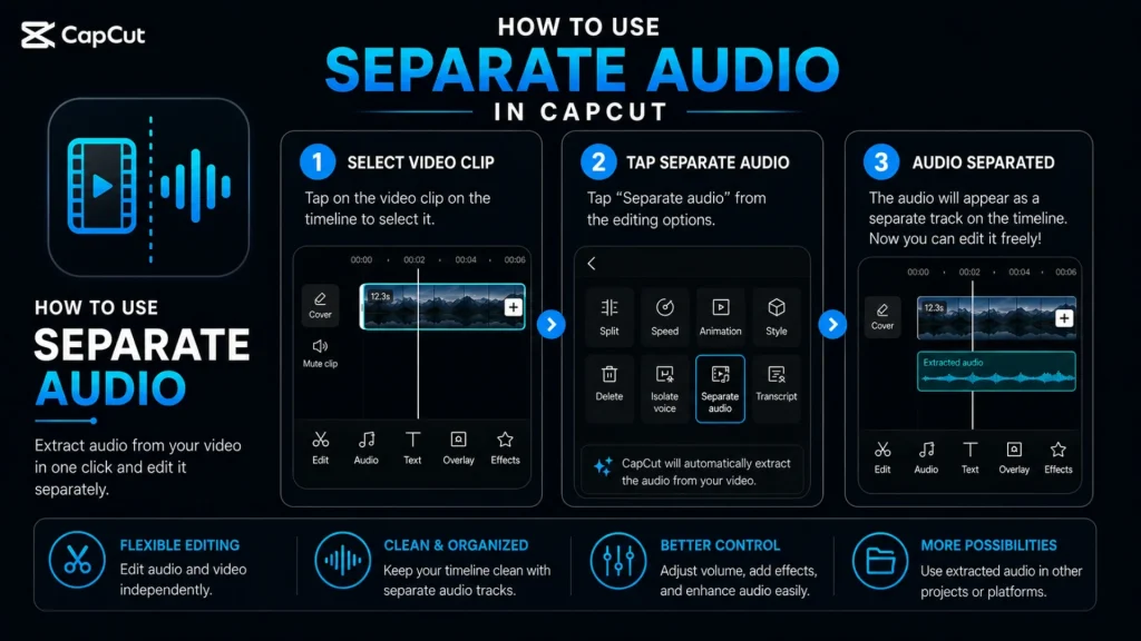 Step-by-step guide showing how to separate audio from a video in CapCut for independent editing and enhancement.