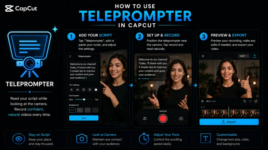 CapCut Teleprompter tutorial explaining how to record videos while reading scrolling scripts with adjustable speed and text settings.