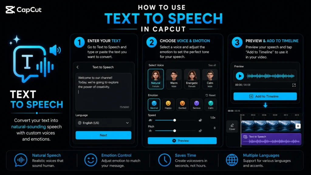 Step-by-step guide to converting text into realistic AI voiceovers in CapCut using Text to Speech with customizable voices and emotions.