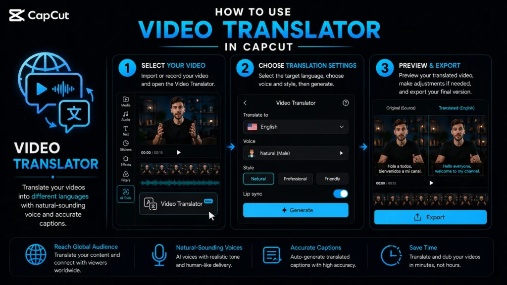 Step-by-step guide showing how to use Video Translator in CapCut to translate videos into multiple languages with AI voice dubbing, lip sync, translated captions, and natural-sounding voices.