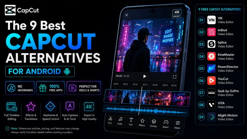 Featured image for the 9 best CapCut alternatives for Android, showcasing the best CapCut alternatives including VN Video Editor, InShot, Splice, KineMaster, PowerDirector, YouCut, Quik by GoPro, VITA, and Alight Motion with AI video editing tools, no-watermark options, and 4K video editing features.