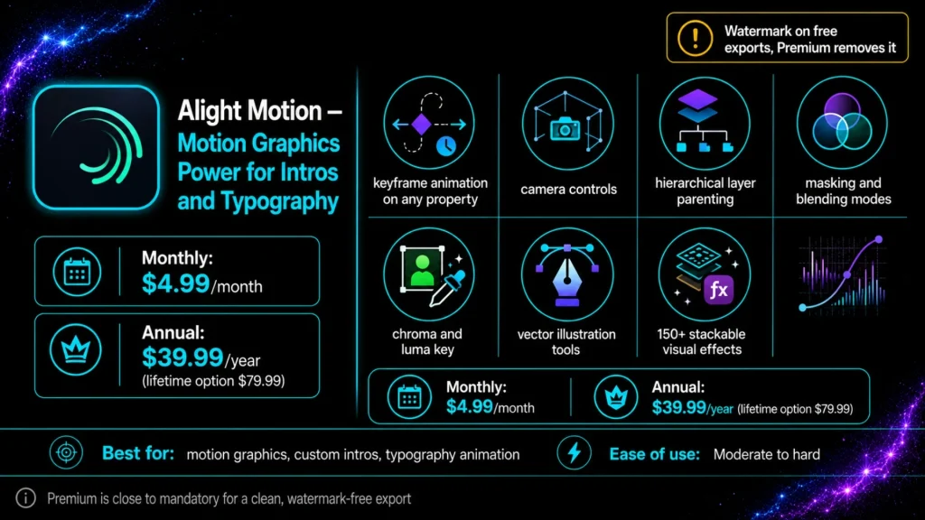 Alight Motion infographic showcasing an advanced CapCut alternative for motion graphics with keyframe animation, camera controls, layer parenting, masking, chroma key, vector tools, visual effects, pricing, and Premium watermark-free export.