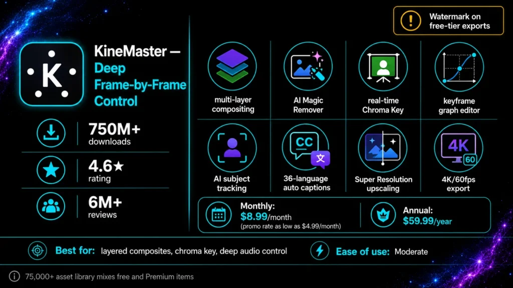 KineMaster infographic showcasing a powerful CapCut alternative with multi-layer editing, AI Magic Remover, Chroma Key, AI subject tracking, auto captions, Super Resolution, 4K export, pricing, and watermark information.