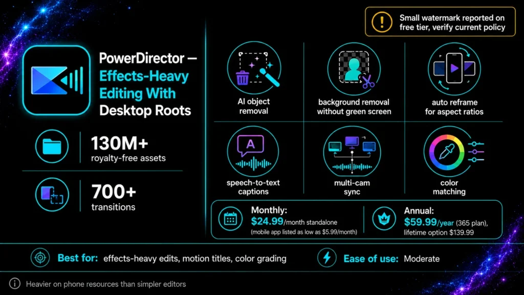 PowerDirector infographic comparing a feature-rich CapCut alternative with AI object removal, background removal, auto reframe, speech-to-text captions, multi-camera sync, color matching, pricing plans, and free-tier watermark policy.