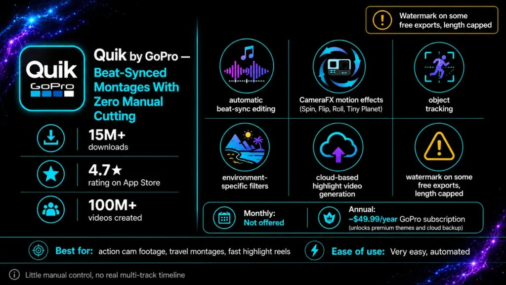 Quik by GoPro infographic featuring an automated CapCut alternative with beat-sync editing, CameraFX motion effects, object tracking, cloud highlight generation, GoPro subscription pricing, and easy action video editing.