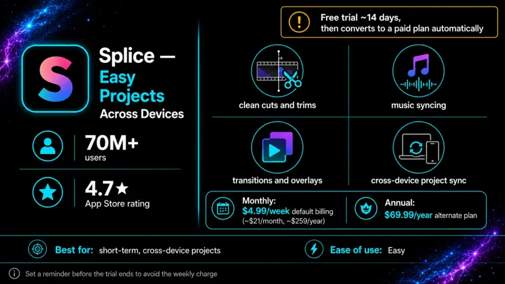 Splice video editor infographic highlighting a premium CapCut alternative with clean trimming, music syncing, transitions, cross-device project sync, subscription pricing, free trial details, and easy social media video editing.
