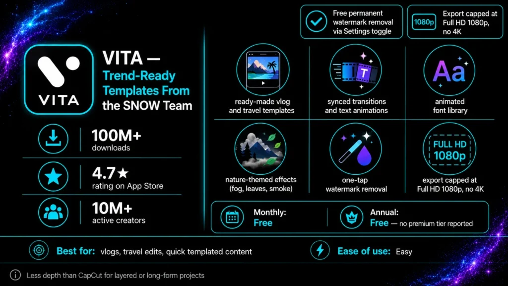 VITA video editor infographic presenting a free CapCut alternative with vlog templates, synced transitions, animated fonts, nature effects, one-tap watermark removal, Full HD export limit, and beginner-friendly video editing.