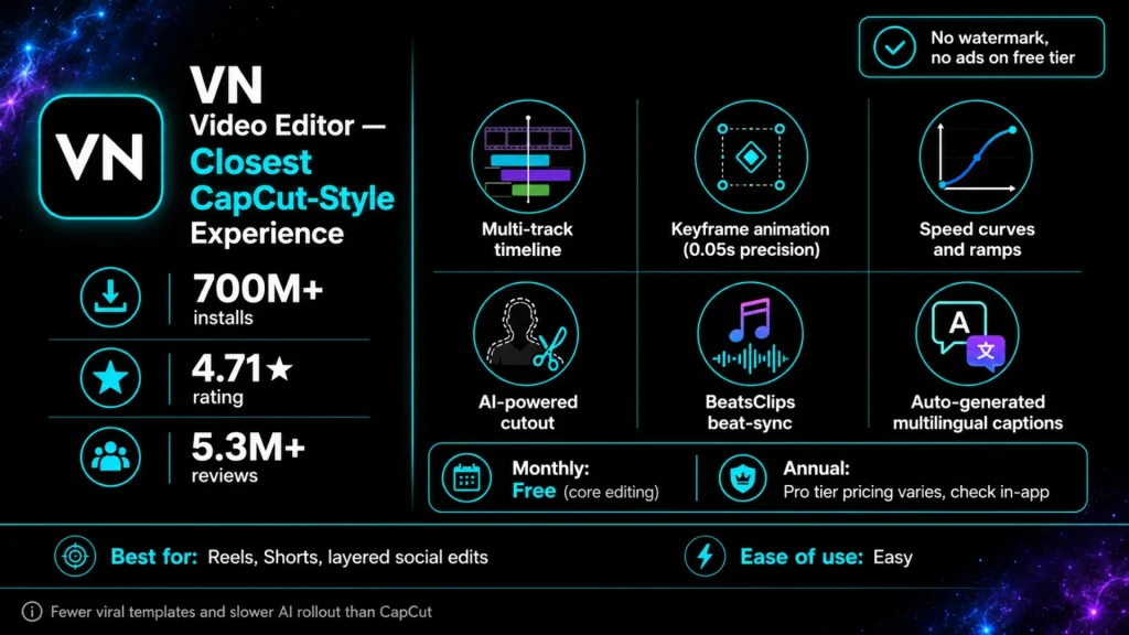 VN Video Editor infographic comparing one of the best CapCut alternatives with multi-track timeline, keyframe animation, AI cutout, beat-sync editing, multilingual auto captions, pricing, and no-watermark free video editing for Android.
