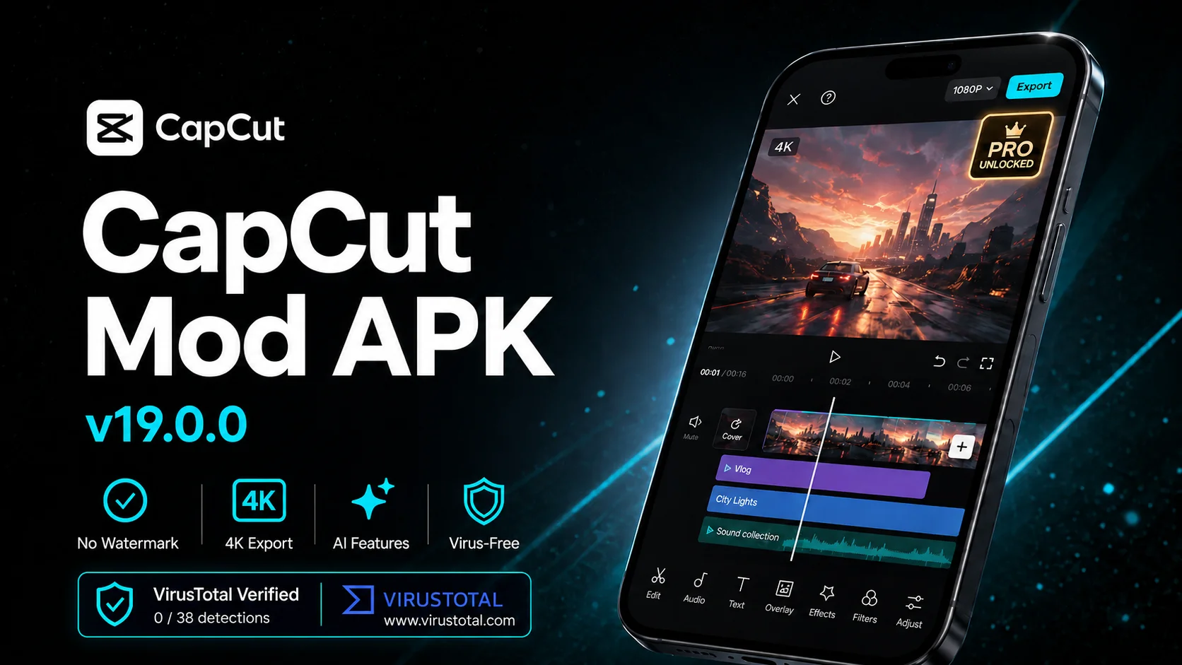 CapCut Mod APK v19.0.0 download screen showing premium unlocked features, VirusTotal verified, 2026